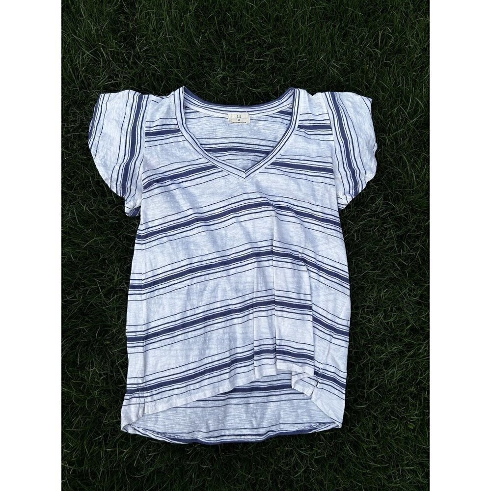 Anthropologie T.la Women's V-Neck Relaxed T-Shirt Blue Stripe Size XS